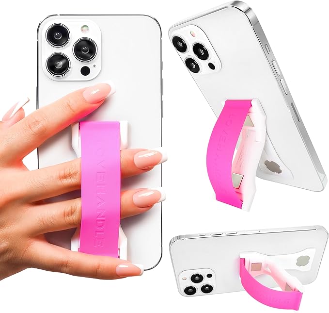 LOVEHANDLE PRO Premium Phone Grip - Silicone Phone Strap - Magnetic Phone Mount and Kickstand for Smartphone and Tablet - Hot Pink Silicone on White Base