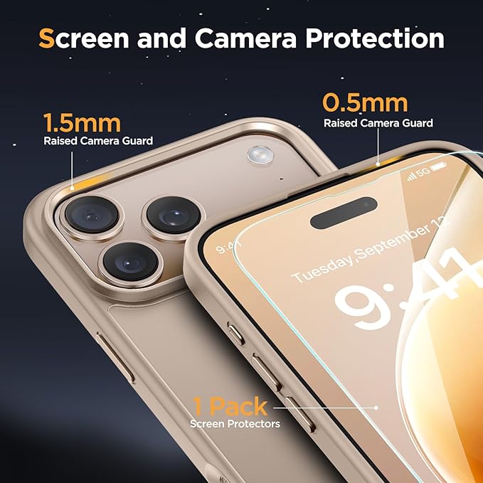 Miracase Magnetic for17 Pro Case 6.3" with Screen Protector, [Compatible with MagSafe] Military-Grade Protection, Anti-Fingerprint, Slim Thin Phone Case for 17 Pro Cover, Glod Gold