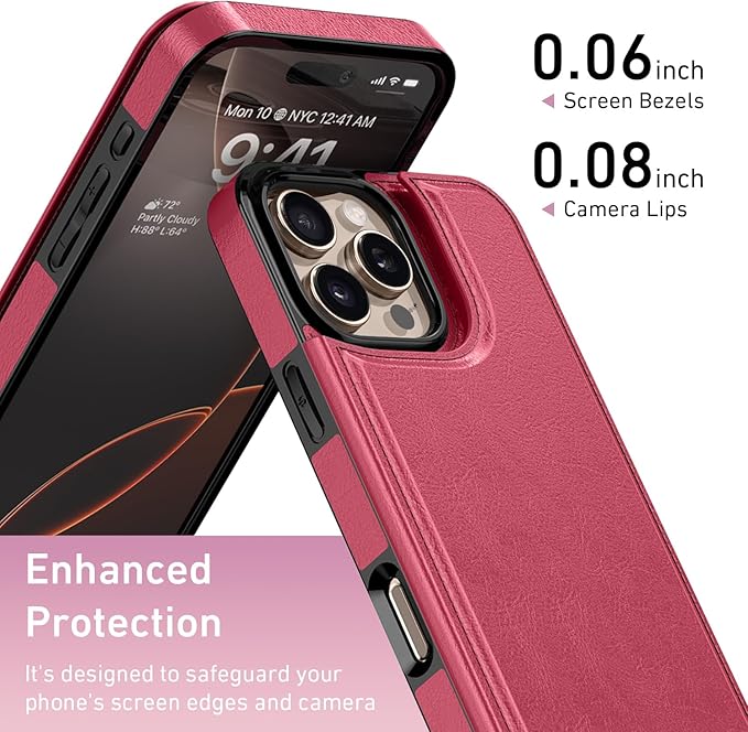 FUNMIKO for iPhone 16 Pro Max Wallet Case with Card Holder, RFID-Blocking, Military-Grade Protection & UV-Printed Artwork, Magnetic Closure with Leather Kickstand - Hot Pink