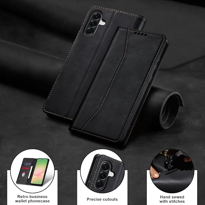 Jasonyu Flip Wallet Case for Samsung Galaxy A56 5G,Leather Magnetic Folio Cover with Card Holder,Kickstand - TPU Shockproof Durable Protective Phone Case,Black