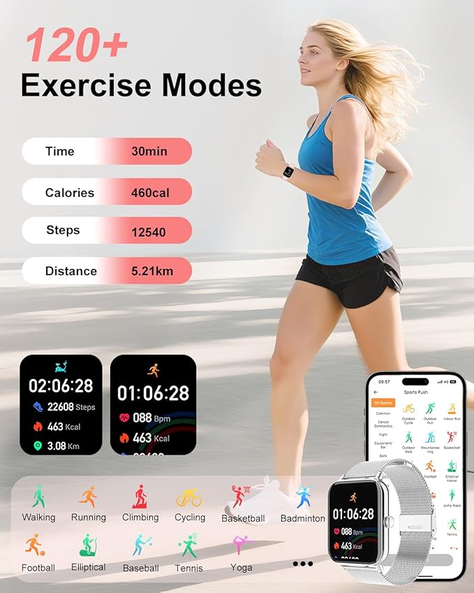 Smart Watch for Women with Bluetooth Call Answer/Dail,1.85" DIY Dial Fitness Watch with Heart Rate Sleep Monitor Step Counter 120+ Sports Modes Waterproof Women's Smart Watch for Android iOS (Silver)