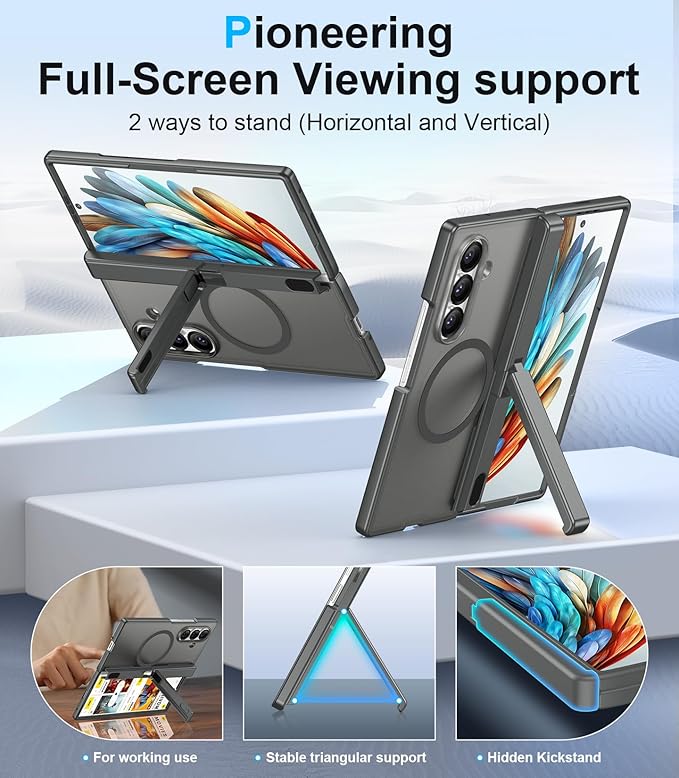 Temdan Magnetic for Samsung Galaxy Z Fold 7 Case,[Compatible with MagSafe][Built-in HD Screen Protector&Invisible Kickstand][Hinge Protection]Translucent Matte Shockproof Phone Case for Z Fold 7,Gray