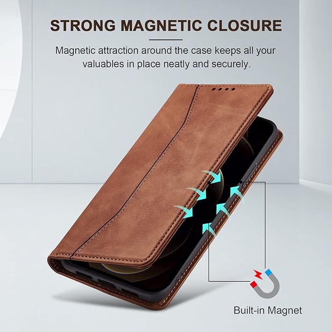 Jasonyu Flip Wallet Case for iPhone 12 Pro Max,Leather Magnetic Folio Cover with Card Holder,Kickstand - TPU Shockproof Durable Protective Phone Case,Brown