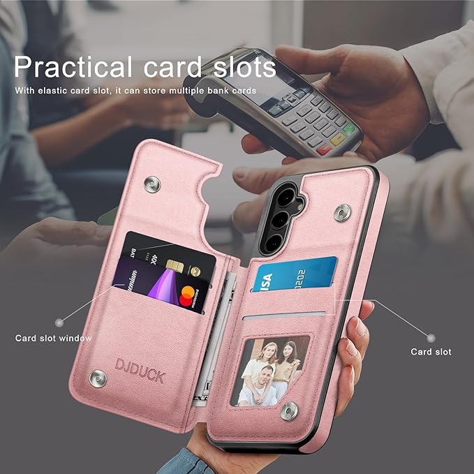 DJDUCK Designed for Samsung Galaxy S25 Case Wallet with Card Holder, [Magnetic Clasp Cover] [RFID Blocking Leather Protection] Shockproof Women Men Cases for Samsung S25 Rose Gold