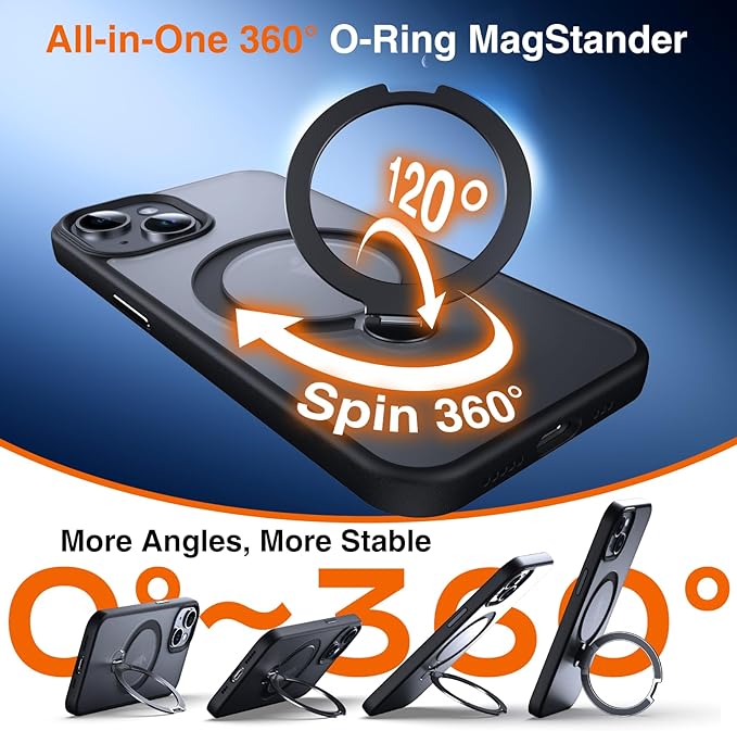 360° O-Ring MagStander for iPhone 15 Case with Magnetic Kickstand Ring Holder [Compatible with MagSafe][360°Rotate Stand Ring][Military Shockproof] Magnet iPhone 15 Phone Cover Matte Black