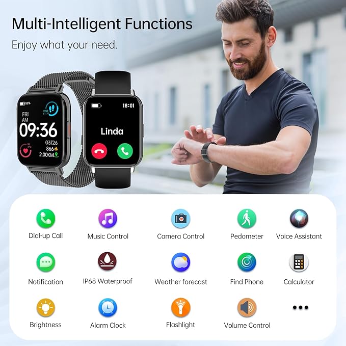 Smart Watch for Men Women (Answer/Make Calls) 1.85" HD Fitness Tracker Smartwatch Compatible Android iOS Phones with Step Counter/Heart Rate/Sleep,120+ Sports Modes IP68 Waterproof, Black 2 Bands