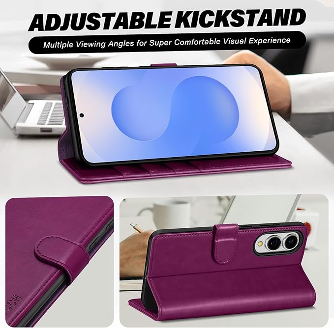 TUCCH Case Wallet for Galaxy S25 Edge, Kickstand [RFID Blocking] 4 Card Holder, Folio Magnetic PU Leather [TPU Shockproof Interior Case] Protective Cover Compatible with Galaxy S25 Edge, Plum Purple