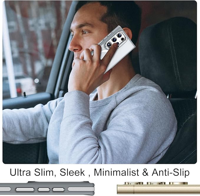 for Samsung Galaxy S24 Ultra Case, Magnetic Cover Compatible with Magsafe, Metal Camera Frame, Drop Protection Silky Translucent Phone Case for Galaxy S24 Ultra (Grey/White)