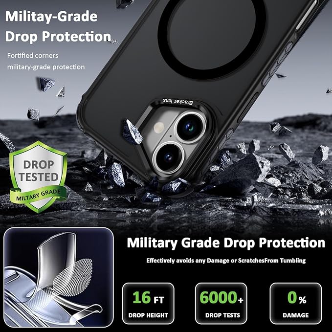 16 Phone Case for iPhone 16, 6.1 Inch, with Stand, Fits MagSafe, Military-Grade Drop Cover,Slim Shockproof Protective Case Magnetic for iPhone16，Black