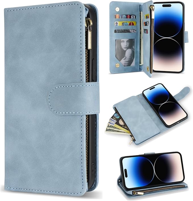 ZZXX for iPhone 14 Pro Case Wallet with [RFID Blocking] Card Slot Premium PU Leather Zipper Flip Folio with Wrist Strap Kickstand Protective Cover for iPhone 14 Pro Wallet Case(Light Blue-6.1 inch)