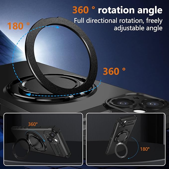 for iPhone 14 Case Compatible with MagSafe Magnetic,with 2 Tempered Glass Screen Protectors,Built-in 360°Kickstand Ring,Military Grade Drop Shockproof Heavy Duty Protection Phone Bumper Black