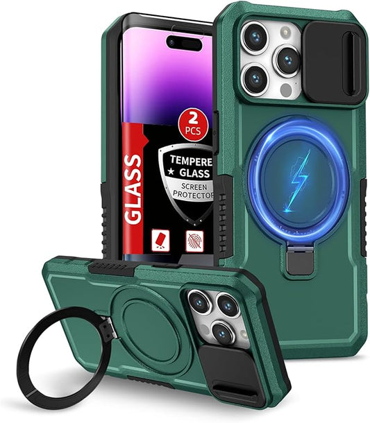 for iPhone 14 Pro Case Magnetic Compatible with MagSafe Wireless Charging,Built-in Kickstand,with Camera Cover,with 2 Screen Protectors,Anti-Scratch Shockproof Heavy Duty Protection Red