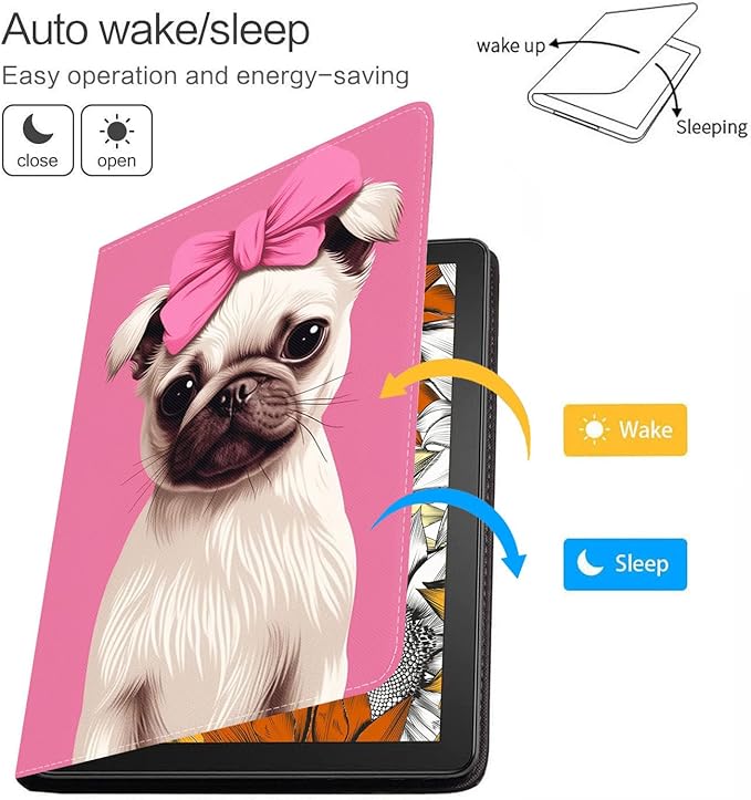 Case for Samsung Galaxy Tab S10 Lite / S10 FE / S9 FE 10.9-Inch / S9 11-Inch, Slim Lightweight PU Leather Stand Cover with Auto Wake/Sleep, Cute Pug with Pink Bow
