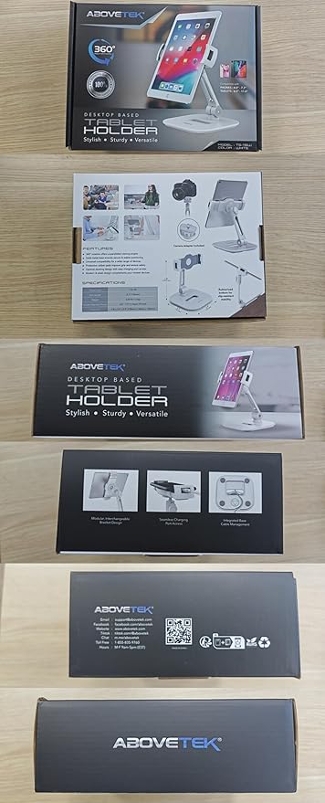 AboveTEK Tablet Stand Holder, Stylish Aluminum iPad Stands, Foldable 360° Swivel iPad iPhone Table Stand Holder fits 4-11" Tablets/Smartphones for Kitchen Bedside Office POS Showroom Reception (White)