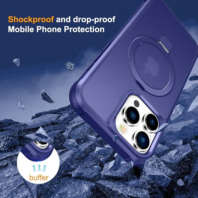 Magnetic Compatible with iPhone 15 Pro Case with Stand [Military Grade Drop Tested][Compatible with Magnet] Ring Translucent Slim Hard Back Soft Edge, Blue