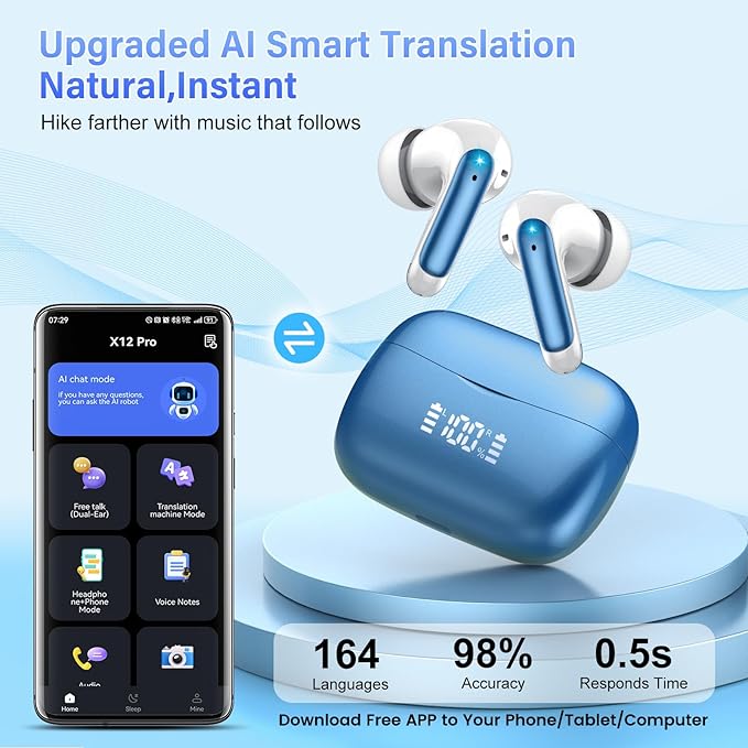 AI Translation Earbuds Real Time with Audio and Video Calls, 164 Language/7 Translation Modes Translator Earbuds Bluetooth 5.4 with APP, 48H AI Ear Buds Translator Device for Business/Learning/Travel