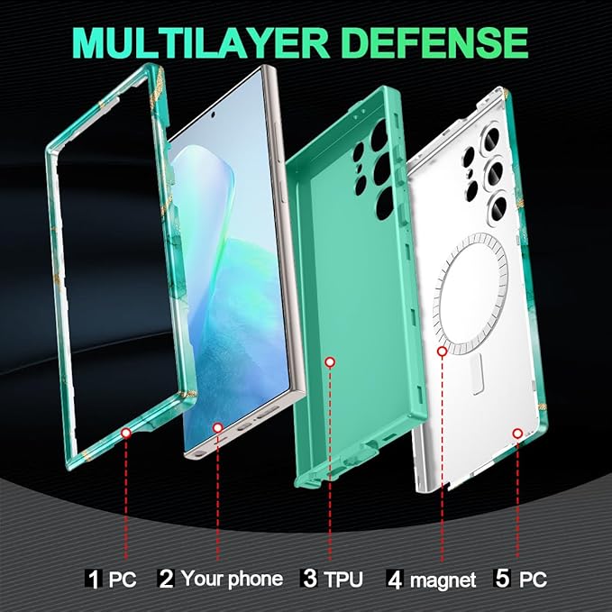 Casetego for Galaxy S24 Ultra Case,Compatible with MagSafe,[Military Grade Drop Test] Full Body Protection Slim Shockproof Rugged Marble Women Case for Samsung Galaxy S24 Ultra 6.8 inch,Turquoise