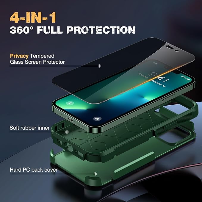 Diaclara Designed for iPhone 13 Pro Max Case, [with Privacy Screen Protector] [Anti Spy] [Military Grade Drop Protection] Heavy Duty Full-Body Shockproof Phone Case, Green