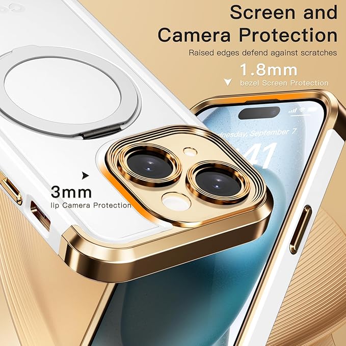 COOLQO for iPhone 15 Case 6.1'' Upgraded 360° Spin Magnetic Stand [Compatible with Magsafe][Military Protection] Plating Matte Scratch-Resistant Back Protective Shockproof Phone Case, White Gold