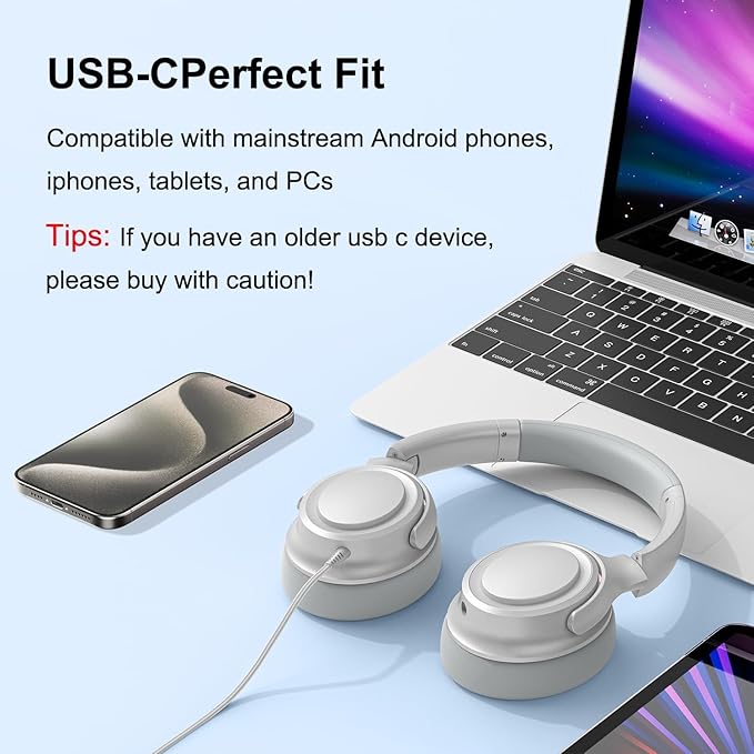 Wired Over-Ear Headphones with USB C Connector, Hi-Fi Stereo Sound, Noise-Isolating Ear Cups, Comfortable Fit for USB C Devices (with Bag, Silver)