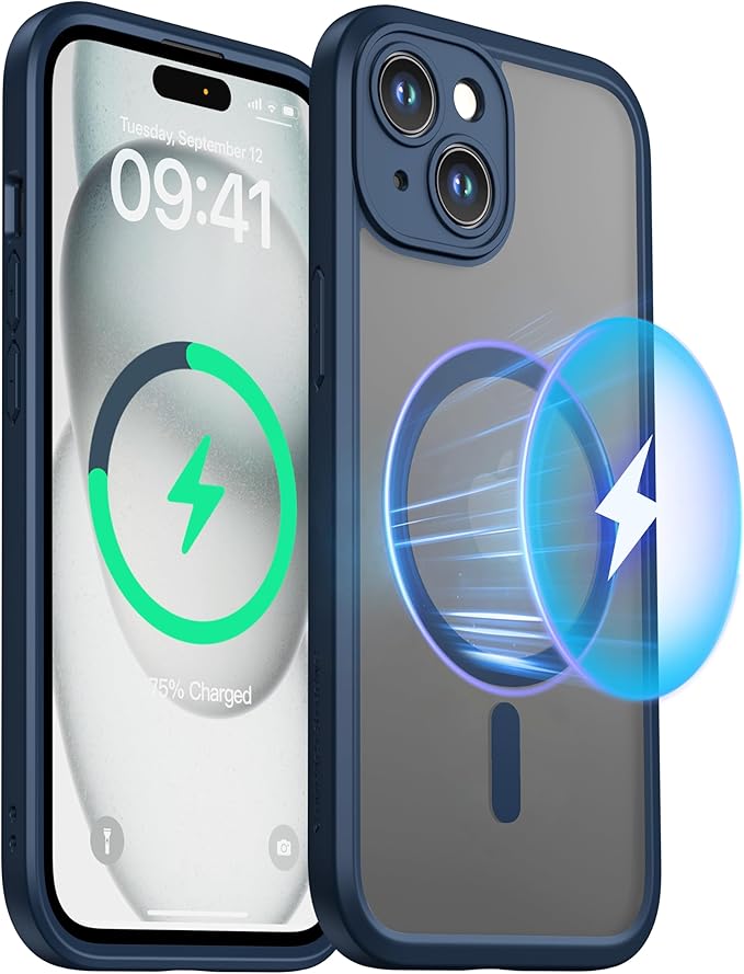 ImpactStrong Magnetic Guard Designed for iPhone 15 Case [Camera Protection] [Military Grade Drop Tested] [Compatible with MagSafe] Slim Translucent Matte Phone Case (6.1") - Navy Blue