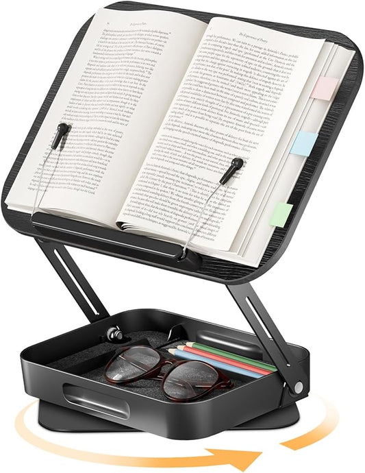 Adjustable Book Stand for Reading with Storage – 360° Rotating Base, Height Adjustable, Extra-Wide Page Clips for Thick Books – Portable Desk Book Holder for Study, Bed, Office, Kitchen (Black)