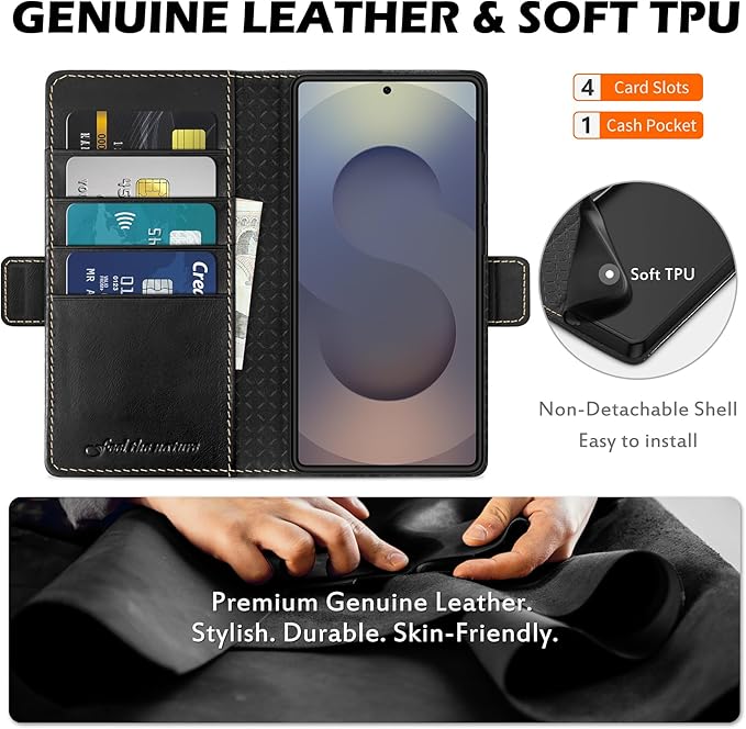 SHIELDON Case for Galaxy S25 Ultra 6.9", Genuine Leather Folio Wallet Case RFID Blocking Card Holder Folio Magnetic Stand Shockproof Protective Cover Compatible with Galaxy S25 Ultra 5G - Retro Black