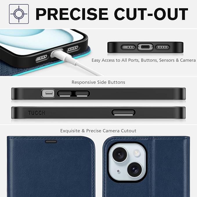 TUCCH Wallet Case for iPhone 15, [RFID Blocking] [4 Card Slots] TPU Interior Protective Case, Magnetic Folio Shockproof PU Leather Stand Flip Cover Compatible with iPhone 15 6.1", Dark Blue&Lake Blue