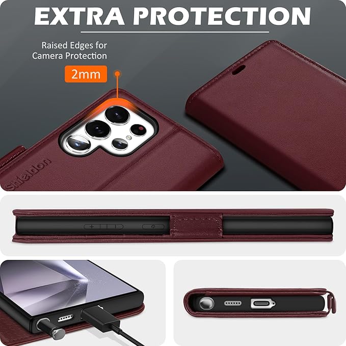 SHIELDON Wallet Case for Galaxy S25 Ultra 6.9", Genuine Leather Folio Magnetic Wallet Cover RFID Blocking Credit Card Holder Kickstand Shockproof Case Compatible with Galaxy S25 Ultra - Nappa Wine Red