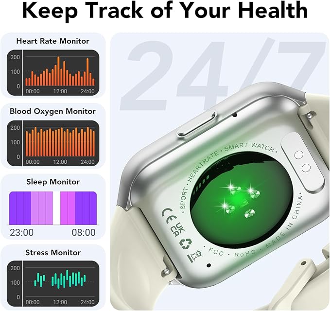 Smart Watch for Men Women, 1.96" HD Fitness Watch with Bluetooth Call, Smartwatch with 112+ Sport Modes/Heart Rate/Sleep Monitor/Pedometer, IP68 Waterproof Watch Compatible with Android/iOS, White