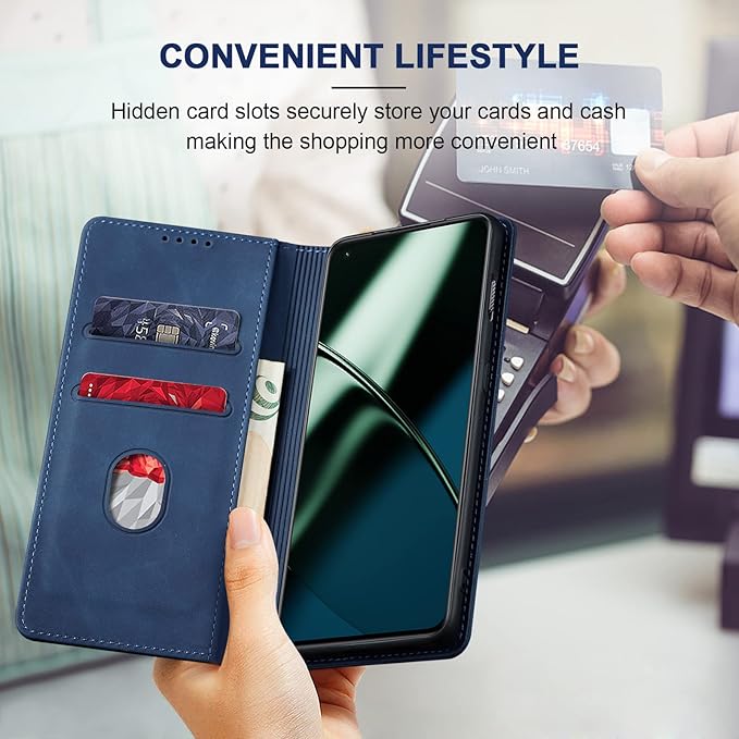 Jasonyu Flip Wallet Case for OnePlus 11 5G,Leather Magnetic Folio Cover with Card Holder,Kickstand - TPU Shockproof Durable Protective Phone Case,Blue