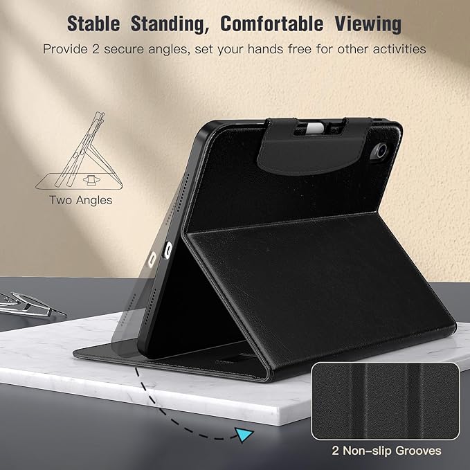 MoKo for iPad (A16) 11th Generation Case 11 inch 2025, iPad 10th Generation Case 10.9" 2022 with Pencil Holder & Pocket, Premium Leather Folio Stand Cover, Multiple Viewing Angles, Black