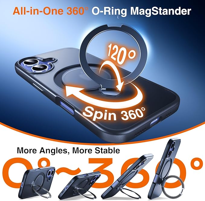 360° O-Ring MagStander for iPhone 16 Case with Magnetic Kickstand Ring Holder [Compatible with MagSafe][360°Rotate Stand Ring][Military Shockproof] Magnet iPhone 16 Phone Cover Matte Blue