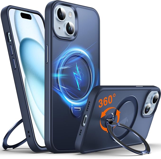 360° O-Ring MagStander for iPhone 15 Case with Magnetic Kickstand Ring Holder [Compatible with MagSafe][360°Rotate Stand Ring][Military Shockproof] Magnet iPhone 15 Phone Cover Matte Blue