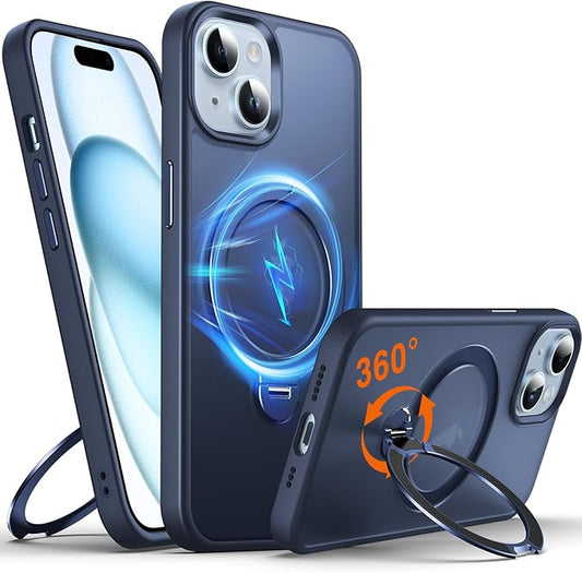 360° O-Ring MagStander for iPhone 15 Case with Magnetic Kickstand Ring Holder [Compatible with MagSafe][360°Rotate Stand Ring][Military Shockproof] Magnet iPhone 15 Phone Cover Matte Blue