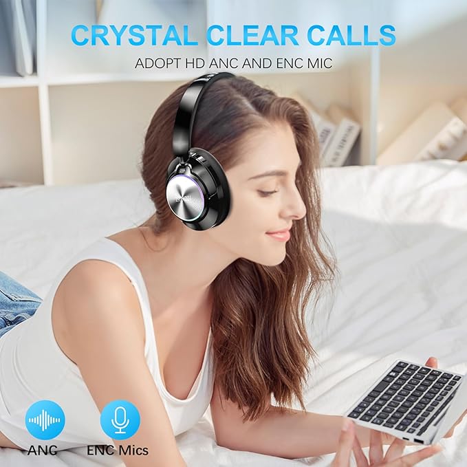 Noise Cancelling Over Ear Wireless Bluetooth Headphones with Microphone, 65h Playtime, Clear Calls, Comfort Fit for Travel (Black)