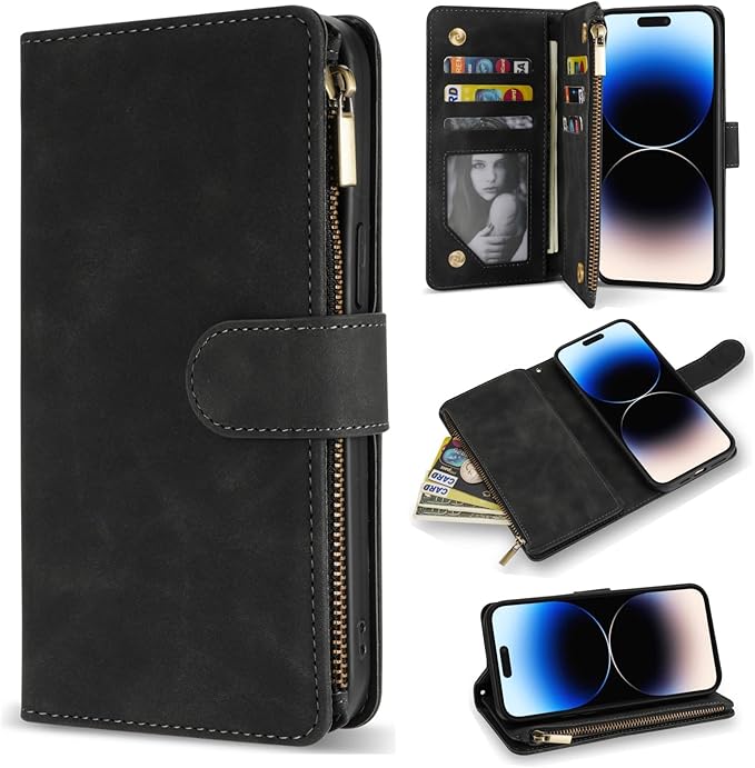 ZZXX for iPhone 14 Pro Max Case Wallet with [RFID Blocking] Card Slot Soft PU Leather Zipper Flip Folio with Wrist Strap Kickstand Protective Cover for iPhone 14 Pro Max Wallet Case(Black-6.7 inch)