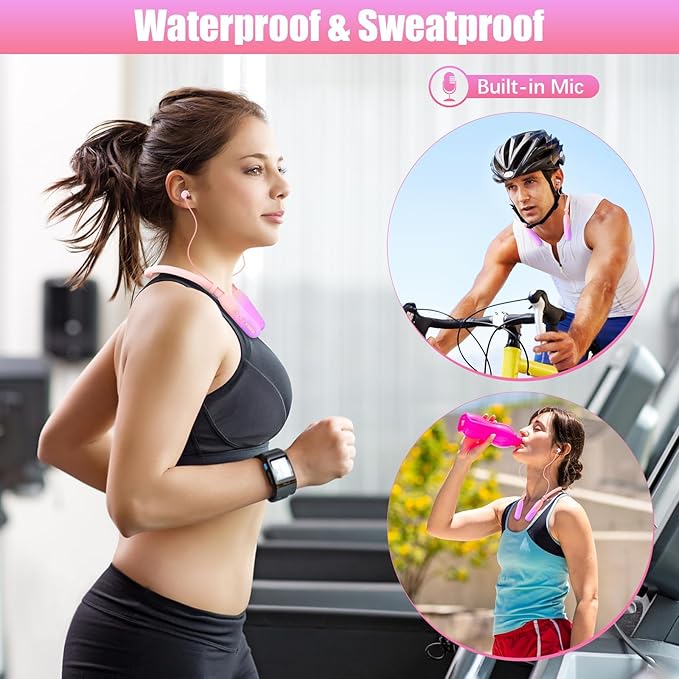 Neckband Bluetooth Headphones, 200H Extra Long Playtime Wireless Stereo Neckband Earbuds with Microphone, Waterproof Balanced Armature Drivers in Ear Headset for Sports/Workout (Pink-Purple)