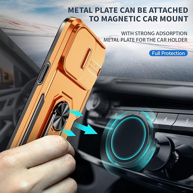 Phone Case for iPhone 14 Plus Case with Camera Lens Cover, with Ring Holder Kickstand, fit Magnetic Car Mount, for iPhone 14 Plus - Orange