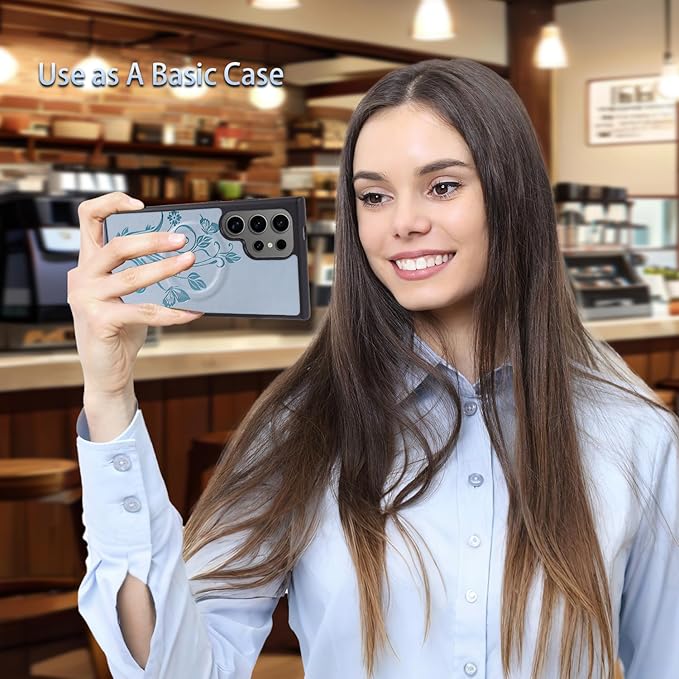 Lacass for Samsung Galaxy S24 Ultra Case Wallet,Compatible with MagSafe 2 in 1 Magnetic Detachable PU Leather RFID Blocking Wallet Cover Card Holder Zipper Wrist Strap Lanyard,Floral Sky Blue