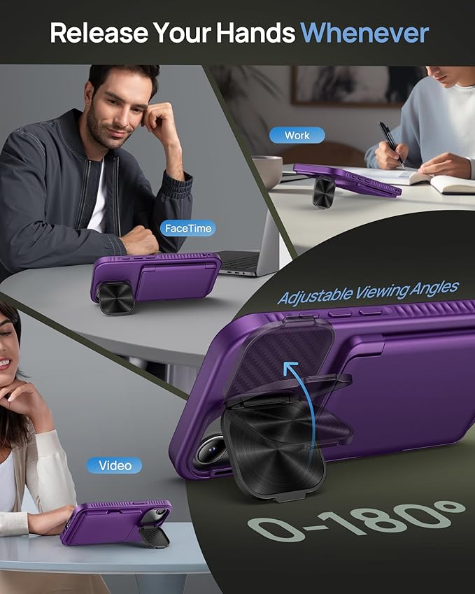 for iPhone 16e Case, Built-in Credit Card Holder & Stand & Lens Cover, Military Grade Drop Tested Soft Silicone Edge Rugged Protective Wallet Phone Case for iPhone 16e 6.1" 2025, Purple