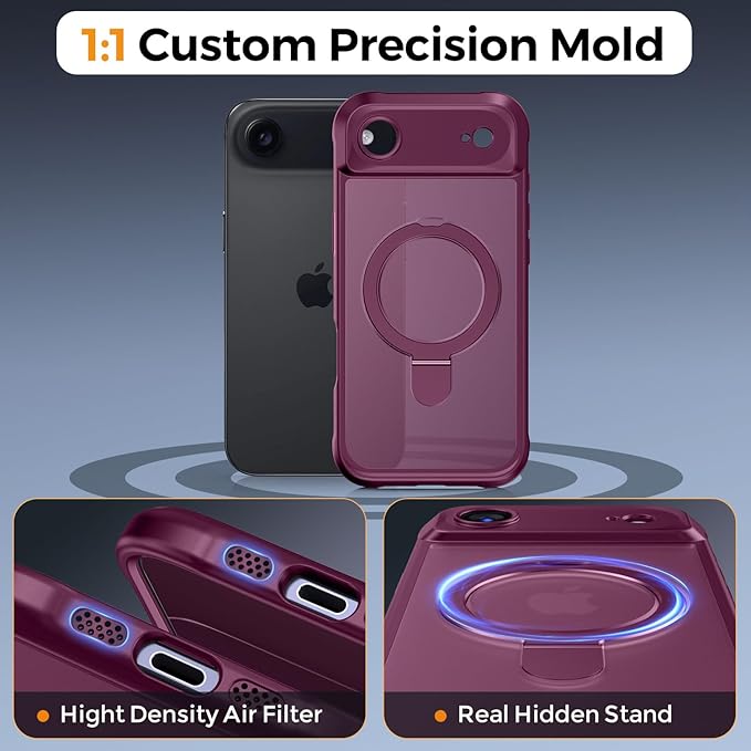 MOCCA Compatible with iPhone Air Case with Magnetic Invisible Stand [Full Camera Protection] [Compatible with Magsafe] Military Drop Shockproof Translucent Matte Phone Case Cover 6.5",Wine Red