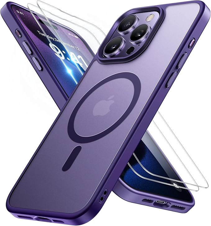 Miracase Magnetic for iPhone 15 Pro Case 6.1 inch (Compatible with MagSafe)（with 2X Screen Protectors） Military-Grade Protection, Anti-Fingerprint Translucent Matte Phone Cover, Dark Purple