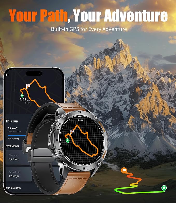 GPS Smart Watch for Men with LED Flashlight, 530mAh Extra Large Battery, 1.43'' AMOLED Military Smartwatch Answer/Make Call with Heart Rate SpO2 Sleep Monitor for Android iOS Brown