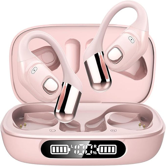 Open Ear Earbuds, Bluetooth 5.3 Wireless Air Conduction Headphones with Mic, LED Display Charging Case&Fast Charging, Ultra-Light Weight, 80H Playtime Earbuds for Work, Sports (Pink)