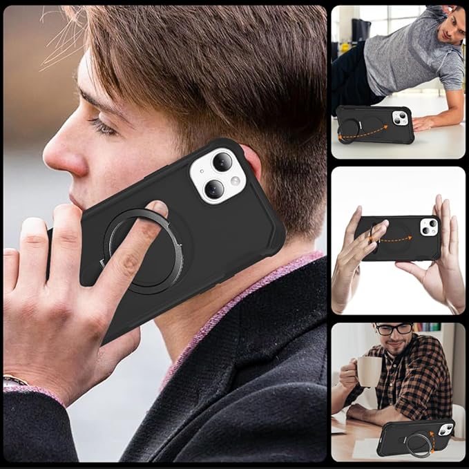 Designed for iPhone 14 Plus Case with Magnetic Stand [Military Drop Protection][Compatible with Magnet] Shockproof 14 Plus Phone Case with Ring Holder, Black