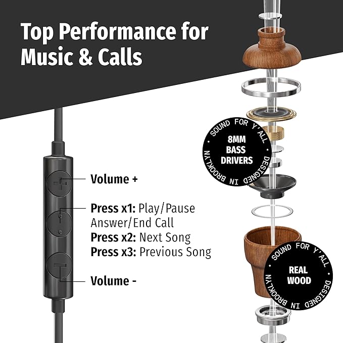 Symphonized Premium Wooden Airtube Headphones EMF Earbuds, 3D Sound, Microphone Volume Control, 8mm Bass Drivers Granting High Audio Quality for USB C Android Devices and iPhone 15 and Up ONLY