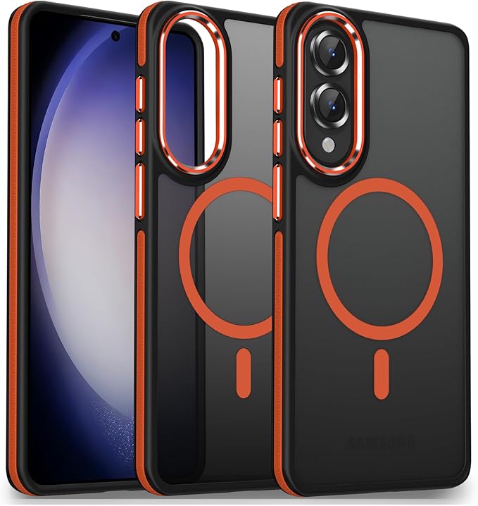 Case for Samsung Galaxy S25 Edge, Fits for Magsafe, Anti-Scratch Translucent Matte Cover [Non-Slip Grip], Color Hybrid Magnetic Phone Case for Galaxy S25 Edge, Drop Resistant (Black/Orange)