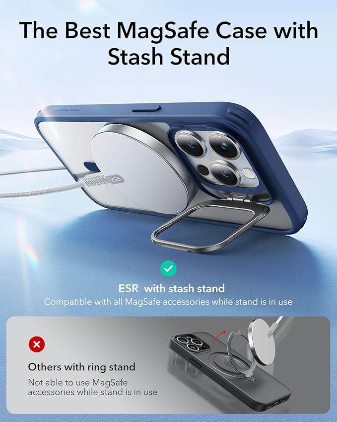 ESR for iPhone 14 Pro Case, Compatible with MagSafe, Built-in Stash Stand Clear Phone Case for iPhone 14 Pro, Military-Grade Protection, Magnetic Phone Case, Classic Series, Clear Dark Blue