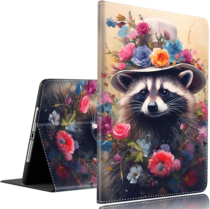 Case for Samsung Galaxy Tab A9 Plus 11 inch 2023，Slim Fit Foldable Standing Cover Case with Auto Sleep/Wake for Galaxy Tab A9+ 11’2023 (SM-X210/X216/X218)，Raccoon Flower Crown Animals
